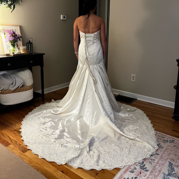 Alfred Angelo Strapless Satin wedding gown with lace beaded train - Picture 2 of 11